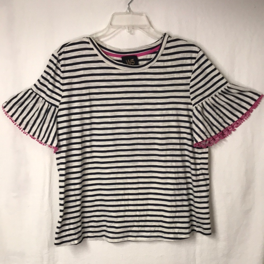W5 Striped Short Sleeve Tee White Navy with Pink Trim